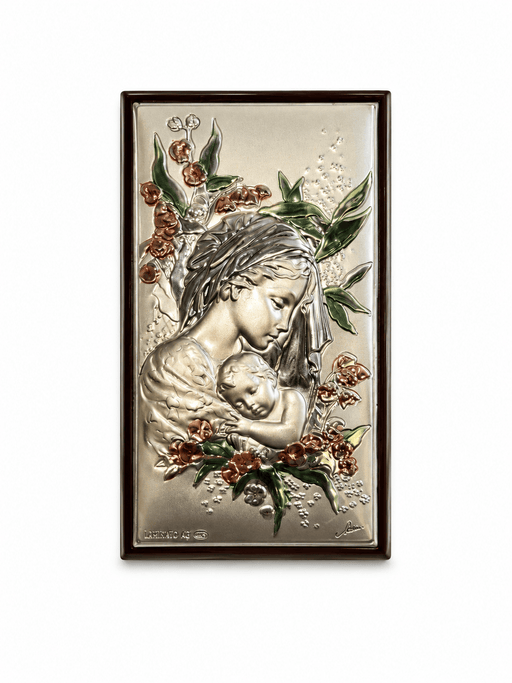 Holyland Artisans Madonna of Blooming Grace Plaque – Floral Multitone Silver Relief