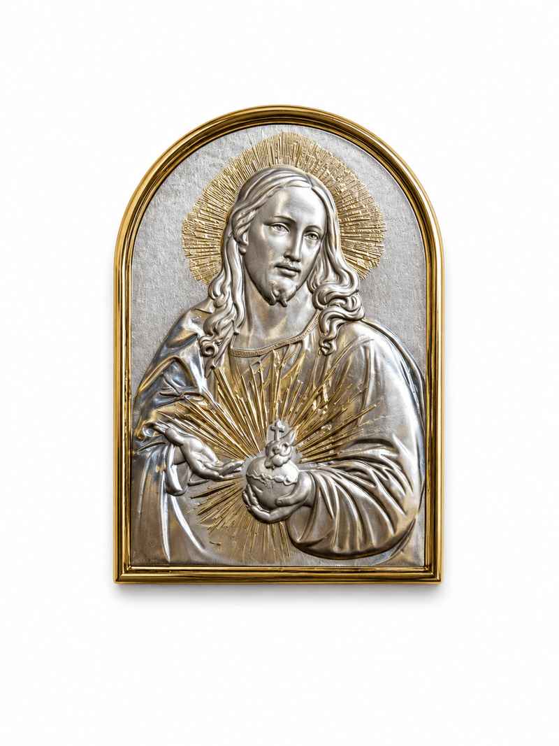 Holyland Artisans Sacred Heart of Jesus Plaque – Radiant Silver & Gold Devotional Icon