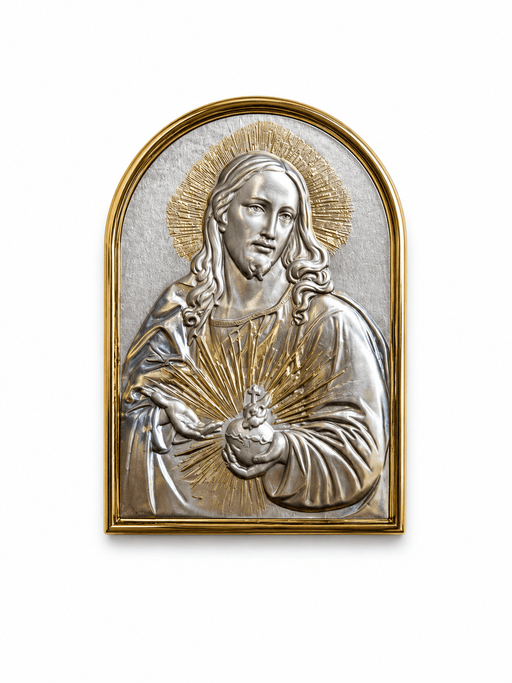 Holyland Artisans Sacred Heart of Jesus Plaque – Radiant Silver & Gold Devotional Icon