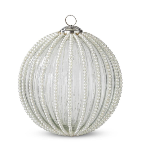 6 Inch Round Clear Glass Ornament w/Wired White Beaded Stripes