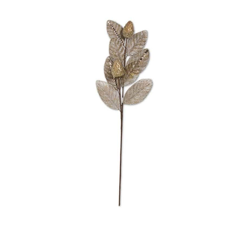K & K Interiors 30 Inch Antique Gold Mesh Magnolia Leaf Stem with Gold Pods