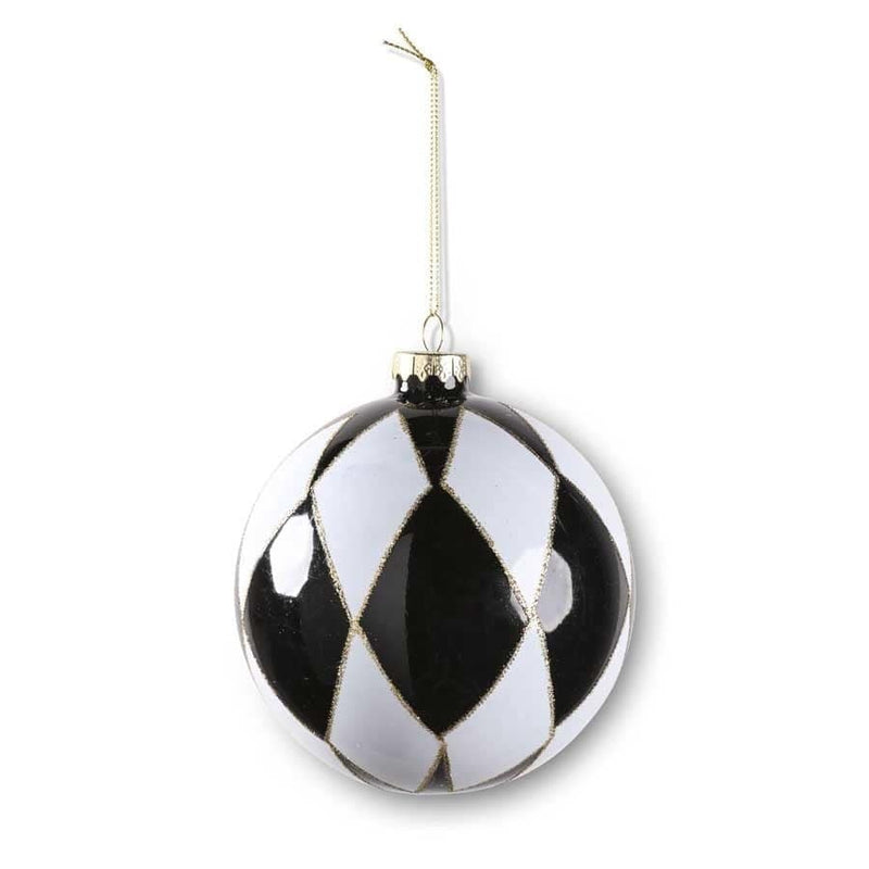 K & K Interiors 4.5 inch Round Black and White Harlequin Ornament