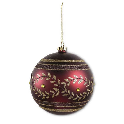 K & K Interiors 5.5 Inch Round Glass Burgundy Ornament with Gold Glitter Design
