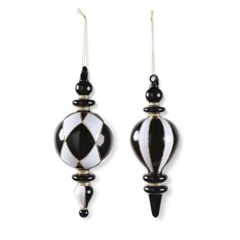 K & K Interiors Assorted Glass Finial Black and White Harlequin Ornaments