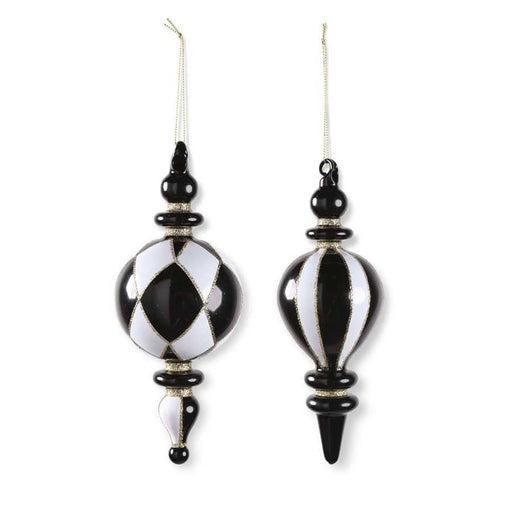 K & K Interiors Assorted Glass Finial Black and White Harlequin Ornaments