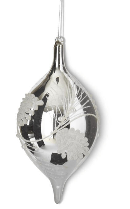 K & K Interiors Christmas 10 Inch Silver Glass Holly Finial Ornament w/White Beads