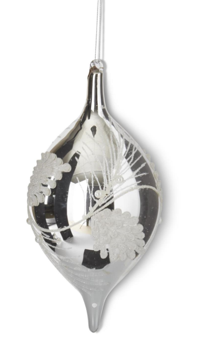 K & K Interiors Christmas 10 Inch Silver Glass Holly Finial Ornament w/White Beads