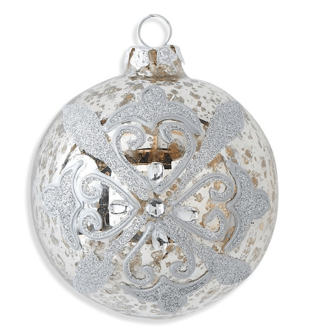 K & K Interiors Christmas 4 Inch Silver Mercury Glass w/Rhinestone Round