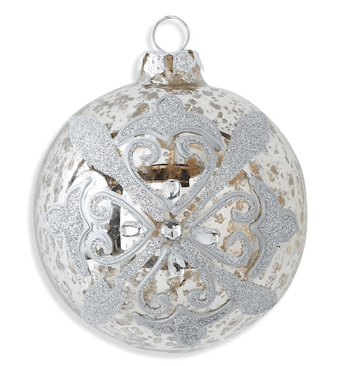 K & K Interiors Christmas 4 Inch Silver Mercury Glass w/Rhinestone Round