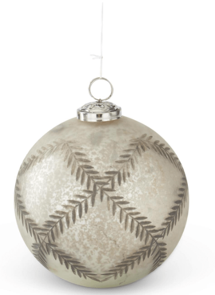 K & K Interiors Christmas 6 Inch Antique Silver Frosted Leaf Etched Glass Ornament