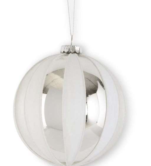 K & K Interiors Christmas Ornaments 4.75 Inch White & Silver Round Striped Glass Ornament