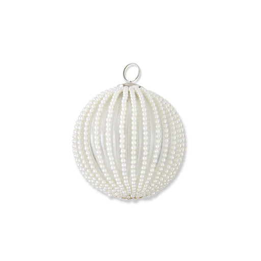 K & K Interiors Christmas Ornaments 4 Inch Round Clear Glass Ornament with Wired White Beaded Stripes