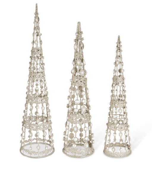 K & K Interiors Christmas Set of 3 Champagne Filigree Wire Cone Trees with Pearls