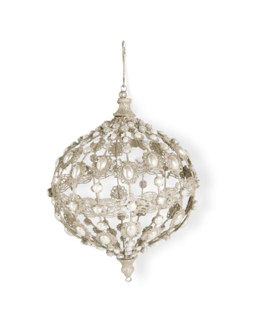 K & K Interiors Christmas Set of 3 Champagne Filigree Wire Onion Ornaments with Pearls