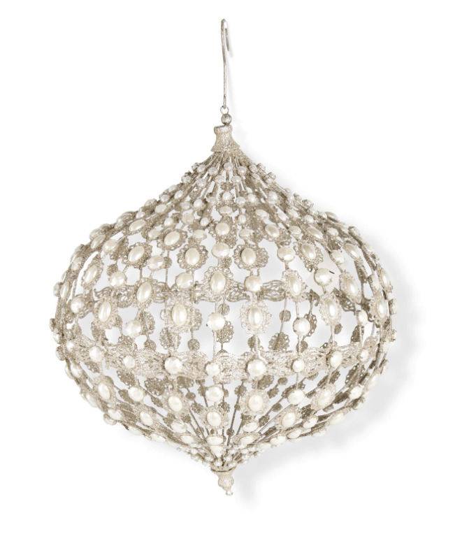 K & K Interiors Christmas Set of 3 Champagne Filigree Wire Onion Ornaments with Pearls