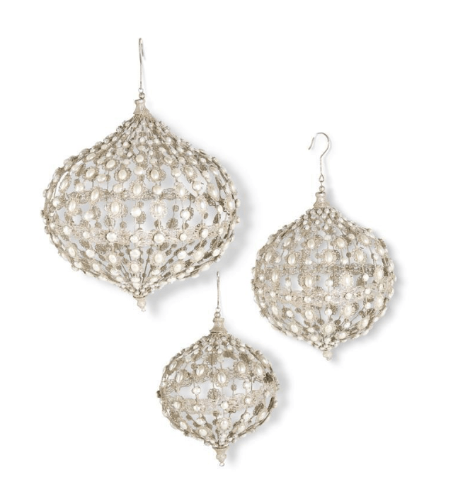 K & K Interiors Christmas Set of 3 Champagne Filigree Wire Onion Ornaments with Pearls