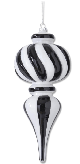 K & K Interiors Ornament 10.5 Inch Hand Painted Black & White Striped Glass Finial Ornament