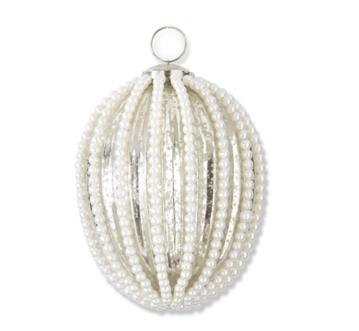 K & K Interiors Ornament 4.5 Inch Oval Silver Mercury Glass Ornament w/Wired White Beaded