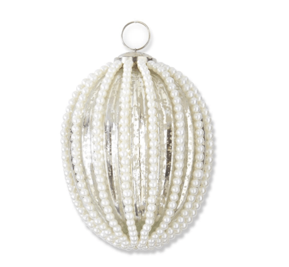 K & K Interiors Ornament 4.5 Inch Oval Silver Mercury Glass Ornament w/Wired White Beaded