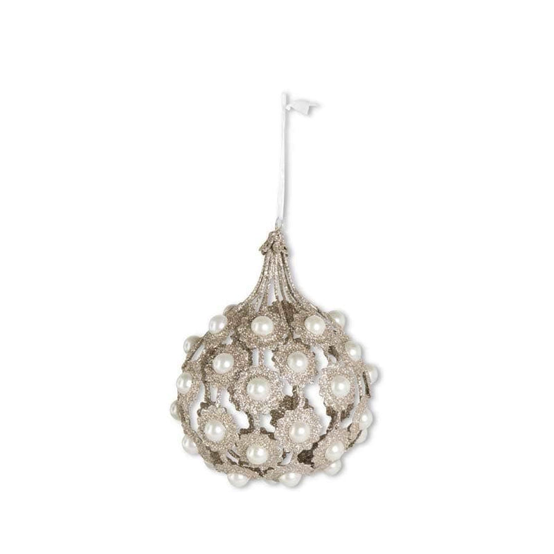 K & K Interiors Ornament 6.75 Inch Champagne Filigree Teardrop Wire Ornament With Pearls