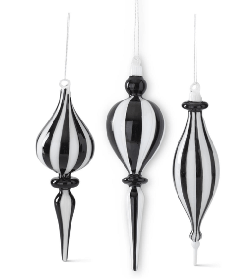K & K Interiors Ornament Assorted Black & White Striped Glass Finial Ornaments (3 Styles - Please specify style