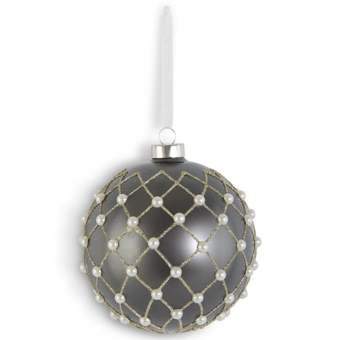 K & K Interiors Ornaments 4.75 Inch Matte Gray glass Ornament with Gold Diamond Glitter & Pearls - FINAL SALE