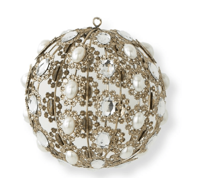 K & K Interiors Ornaments 4 INCH ROUND METAL ORNAMENT W/ROUND PEARL & RHINESTONE