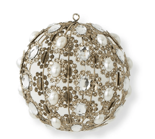 K & K Interiors Ornaments 4 INCH ROUND METAL ORNAMENT W/ROUND PEARL & RHINESTONE