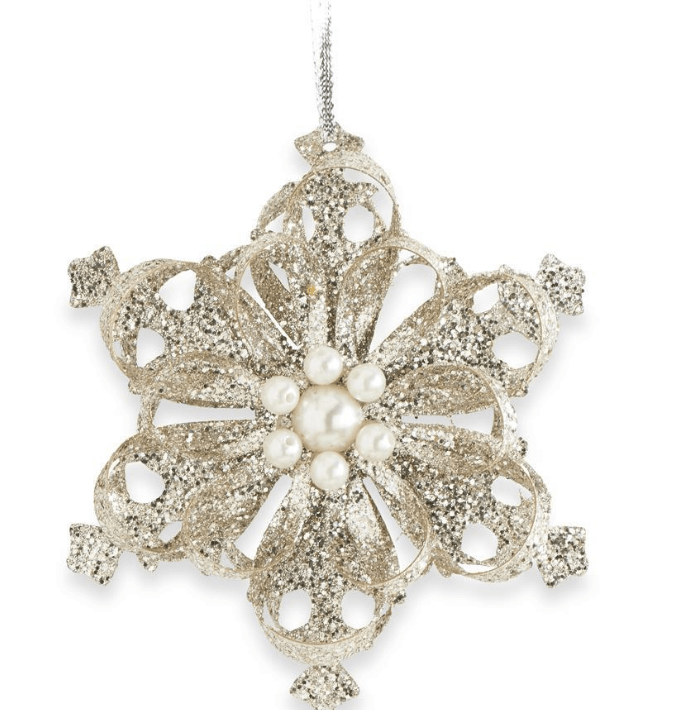K & K Interiors Ornaments 5.5 INCH PLATINUM GLITTER LOOPED SNOWFLAKE ORNAMENT W/PEARLS