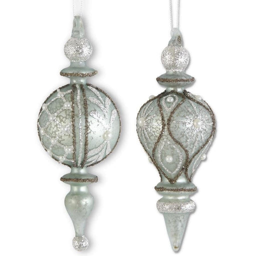 K & K Interiors Ornaments ASSORTED GLITTERED LIGHT BLUE MERCURY GLASS FINIAL ORNAMENTS W/PEARLS