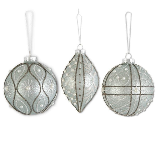 K & K Interiors Ornaments Assorted Glittered Light Blue Mercury Glass Ornaments w/Pearls