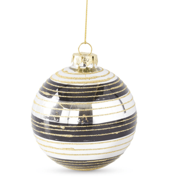 K & K Interiors Ornaments GLASS ORNAMENTS W/BLACK & GOLD GLITTERED STRIPES