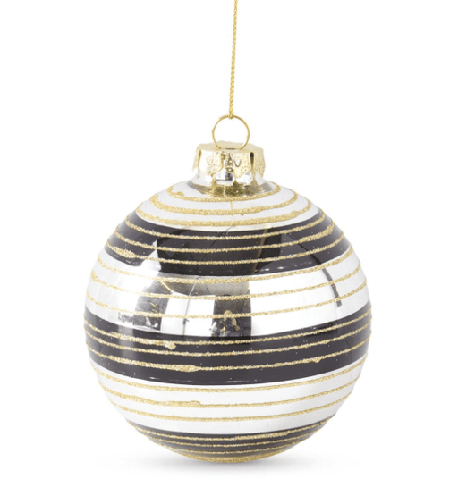 K & K Interiors Ornaments GLASS ORNAMENTS W/BLACK & GOLD GLITTERED STRIPES