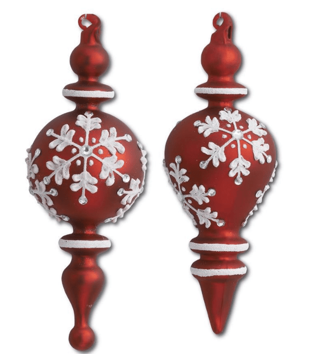 K & K Interiors Ornaments Red & White Glass Teardrop Finial Ornaments W/Snowflake