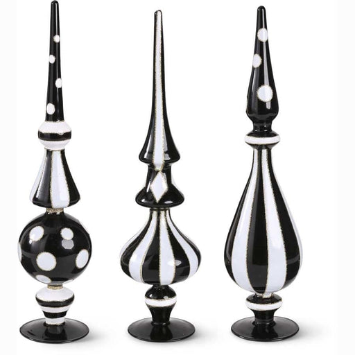 K & K Interiors Set of 3 Glass Black and White Harlequin Tabletop Finials