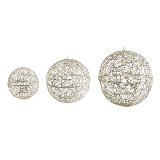 K & K Interiors Set of 3 Small Champagne Glitter Hanging Wire Balls