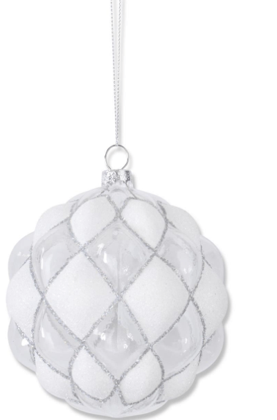 K & K Interiors Unclassified 4.5 Inch Beaded White & Clear Glass Round Hobnail Ornament