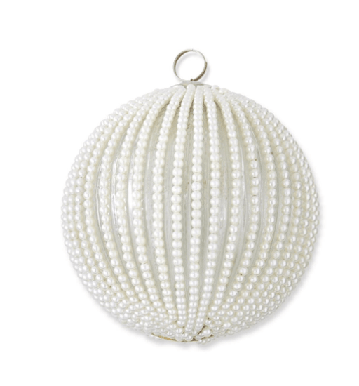 K & K Interiors Unclassified 5.75 Inch Round Clear Glass Ornament w/Wired White Beaded Stripes