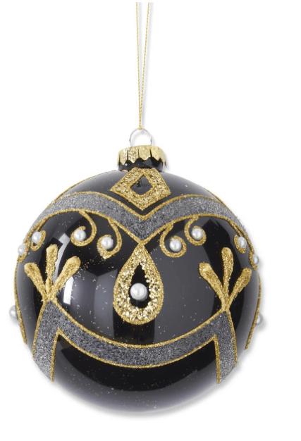 K & K Interiors Unclassified 5 Inch Gold Glittered & Beaded Black Round Glass Ornament