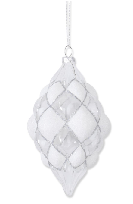 K & K Interiors Unclassified 6 Inch Beaded White & Clear Glass Teardrop Hobnail Ornament