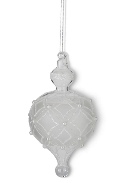 K & K Interiors Unclassified 6 Inch Frosted Clear Glass Diamond Painted White Beaded Onion Ornament