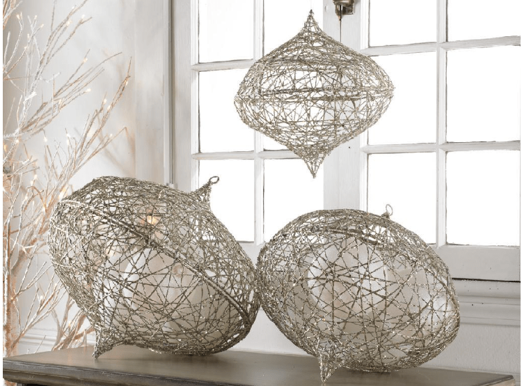K & K Interiors Unclassified Set of 3 Small Champagne Glitter Hanging Wire Onions