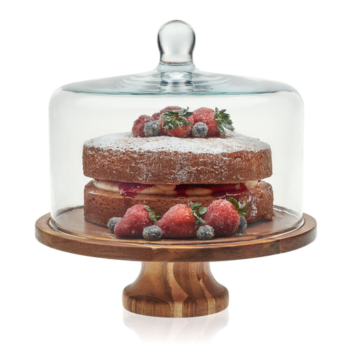 Libbey Serveware Libbey Acaciawood Footed Round Wood Server Cake Stand with Glass Dome