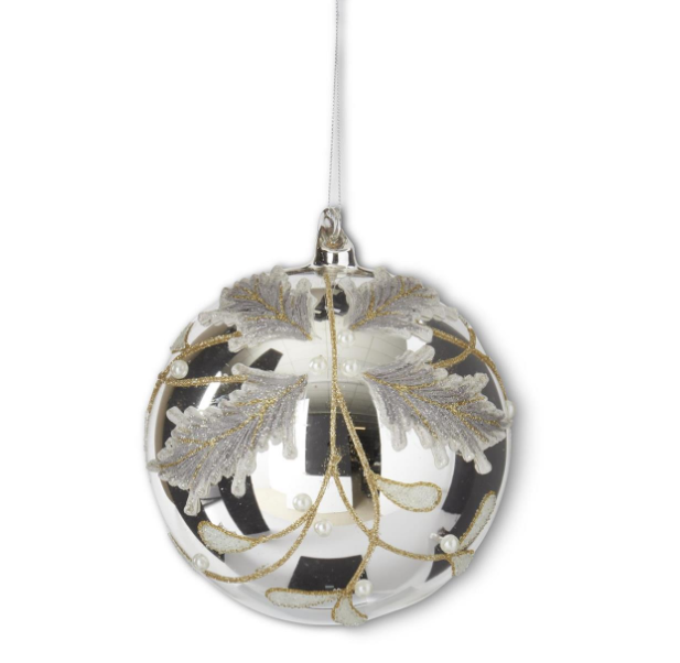 7 Inch Silver Glass Holly Round Ornament w/White Beads