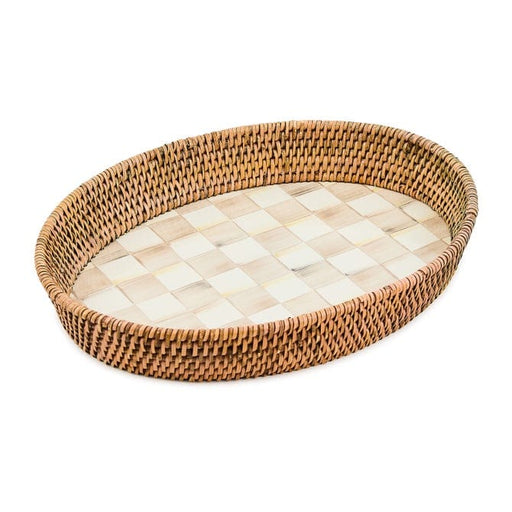mack serving tray Mackenzie-Childs Mocha Check Enamel & Rattan Large Tray