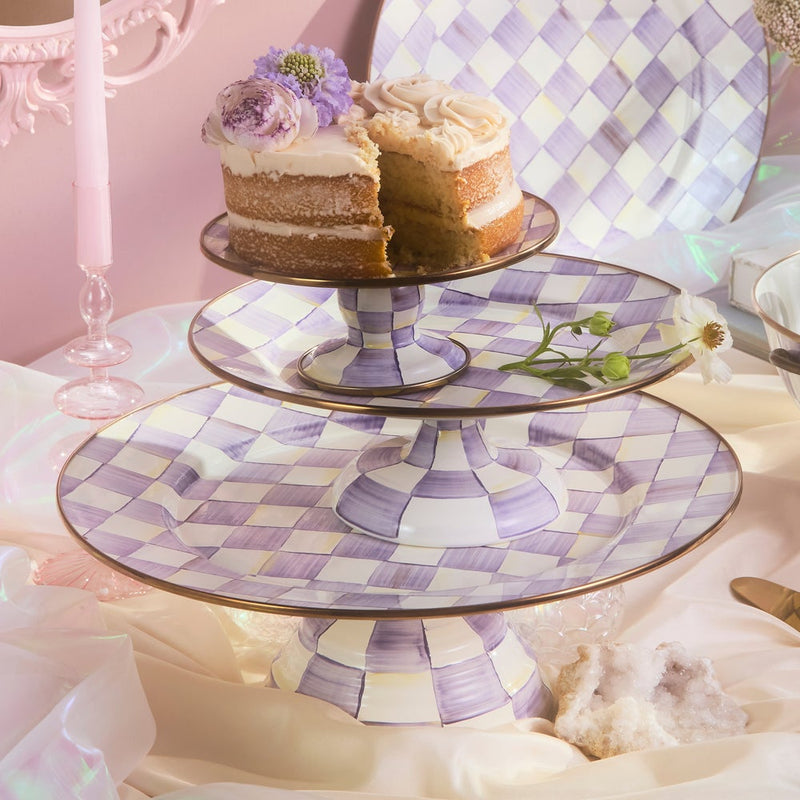 MacKenzie-Childs Cake Stand Violet Check Large Pedestal Platter