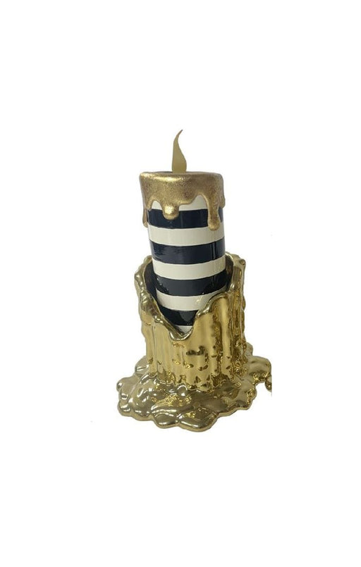 MacKenzie-Childs Fall Decor Haunted House Short Gold Candle Holder & Illuminated Striped Candle Set