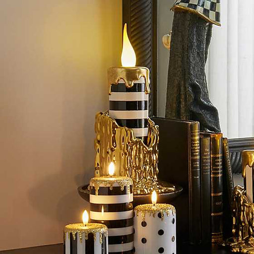 MacKenzie-Childs Fall Decor Haunted House Short Gold Candle Holder & Illuminated Striped Candle Set