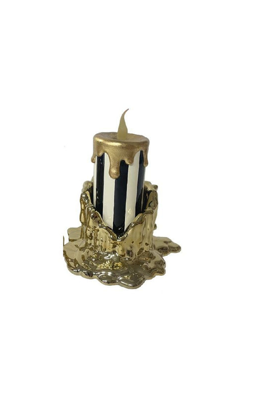 MacKenzie-Childs Fall Decor Haunted House Tall Gold Candle Holder & illuminated Striped Candle Set