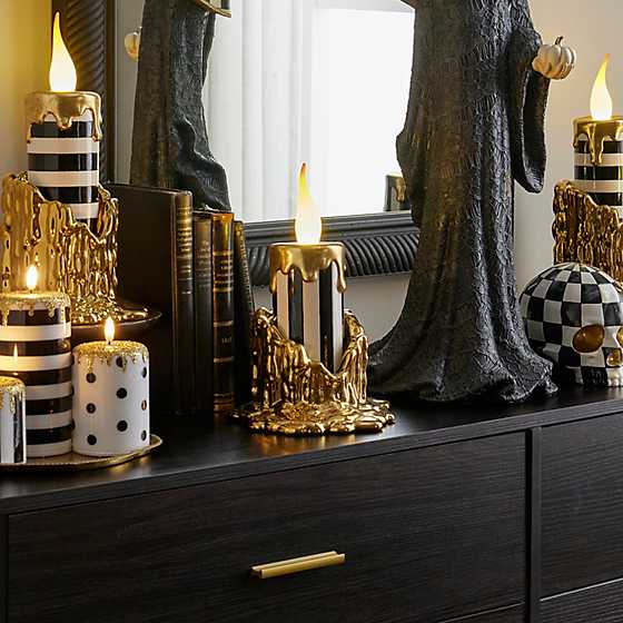 MacKenzie-Childs Fall Decor Haunted House Tall Gold Candle Holder & illuminated Striped Candle Set